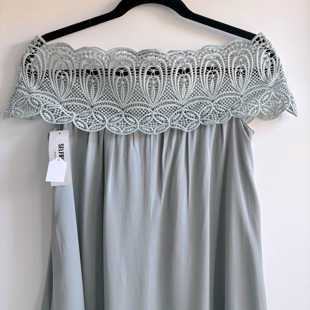 Self-Portrait Lace Shouldered Maxi Dress Silk Blend  Ice Grey Size 2 - Picture 7 of 17